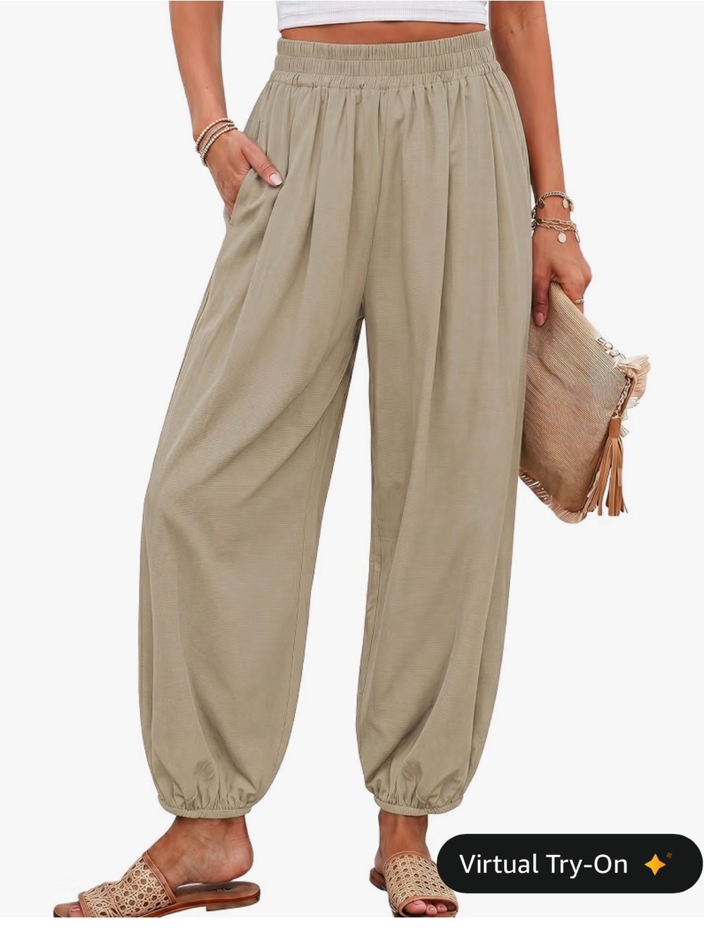 Relaxed Wide-Leg Elastic Waist Harem style wide leg elastic bottom Pants Taupe